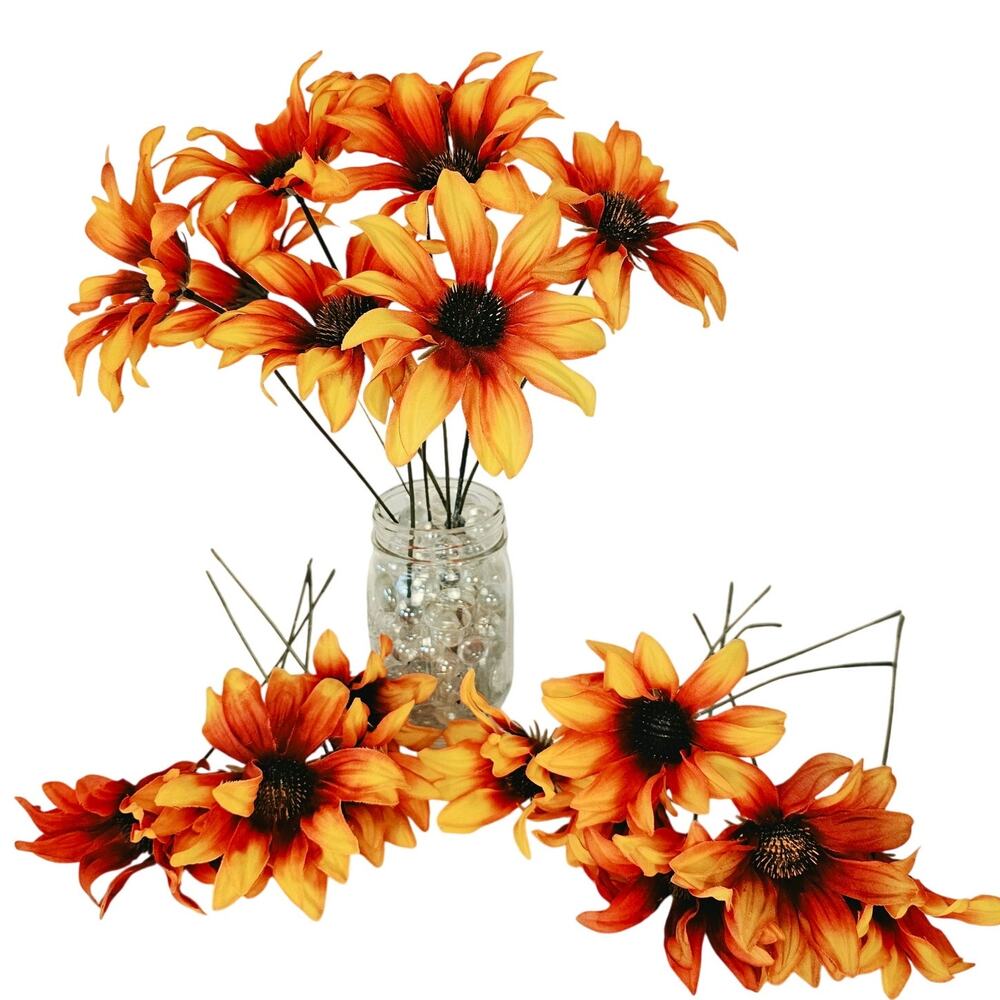 20 Artificial Silk Sunflower Stems Orange Yellow Ombre Black Center 11" Floral